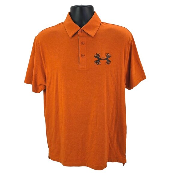 Under Armour Polo Shirt Men’s Large Orange Hunting Big Rack Logo Camo HeatGear - Picture 2 of 7